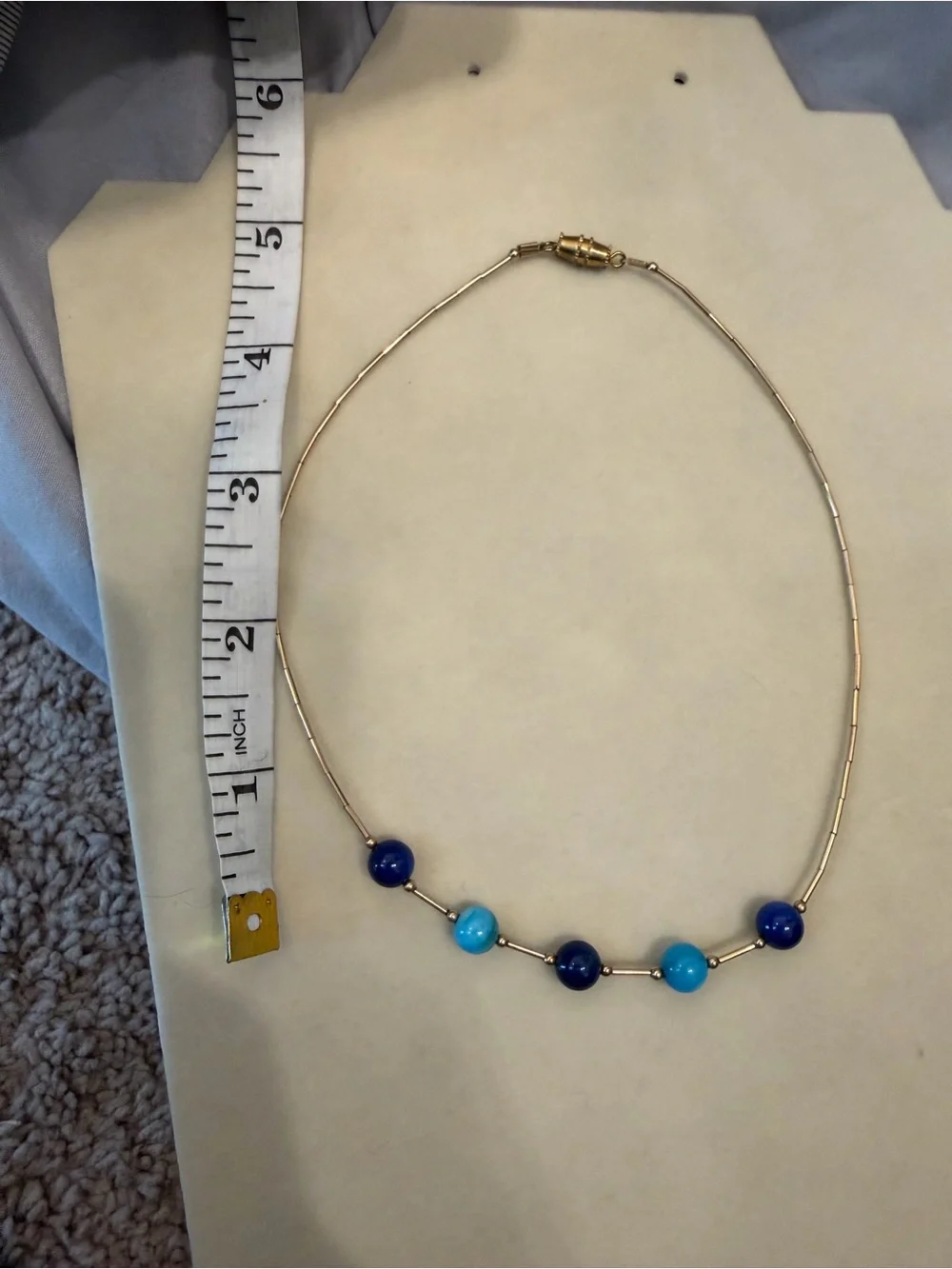 Vintage Gold Bar Necklace with Blue Bead Accents
